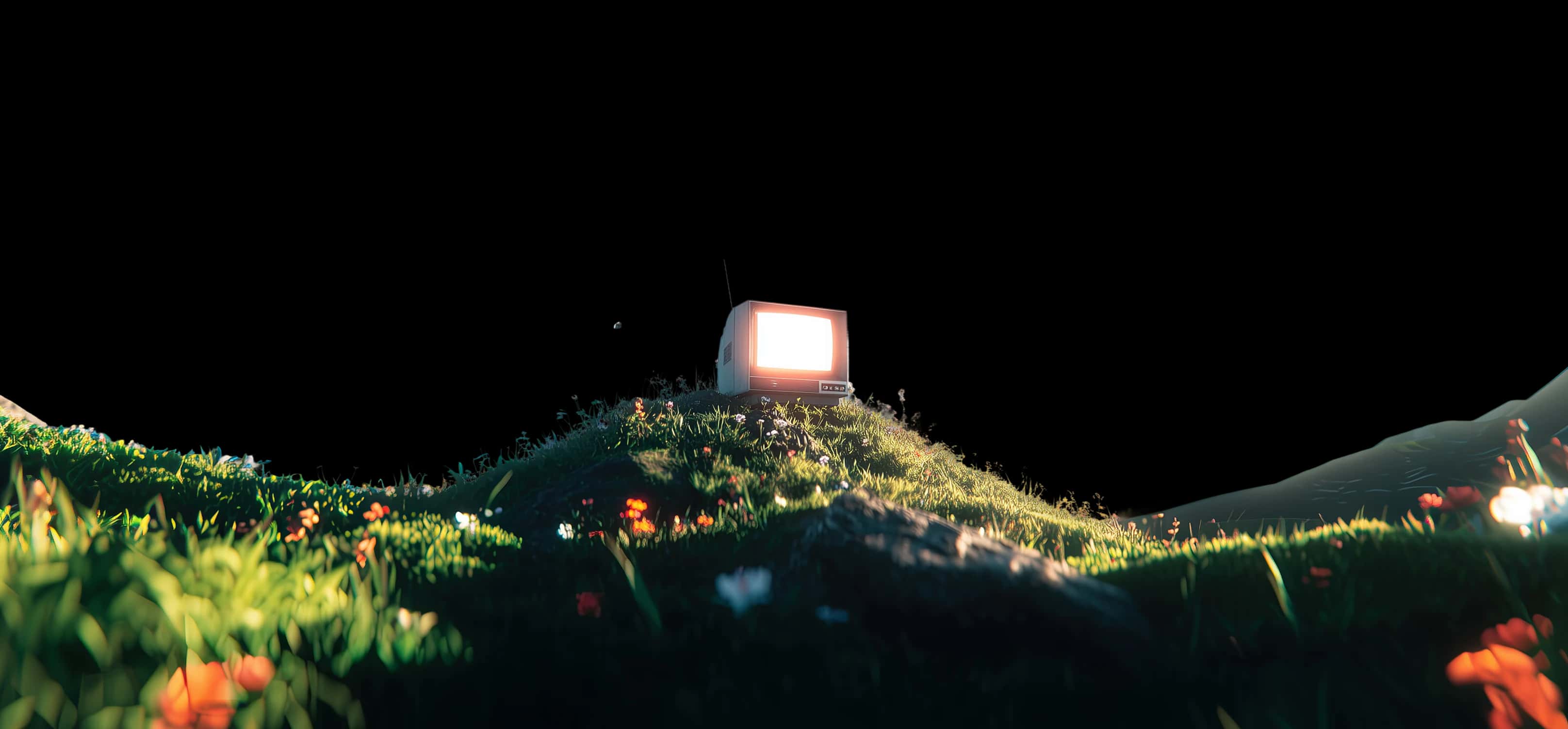 A glowing vintage television on a grassy hillside filled with wildflowers