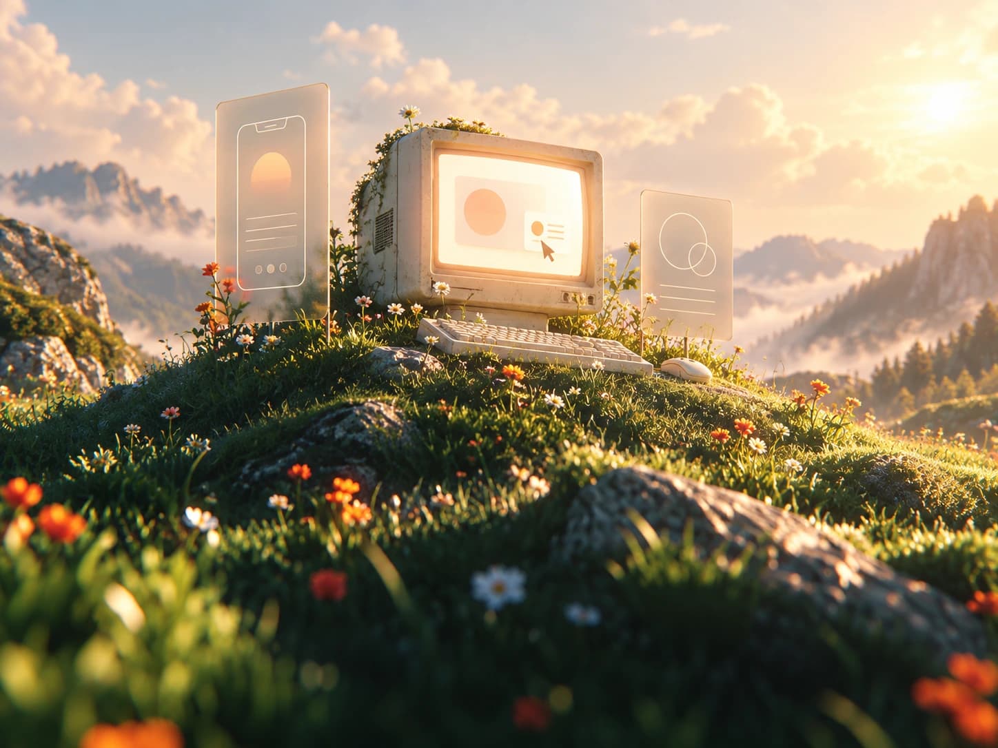 Warm sunlit grassy hill with a vintage design computer and translucent mobile wireframe panels